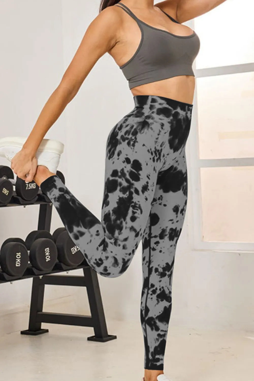 Slightly Stretchy Tie-Dye High Waist Active Leggings shown in a fitness setting, designed for comfort and style.