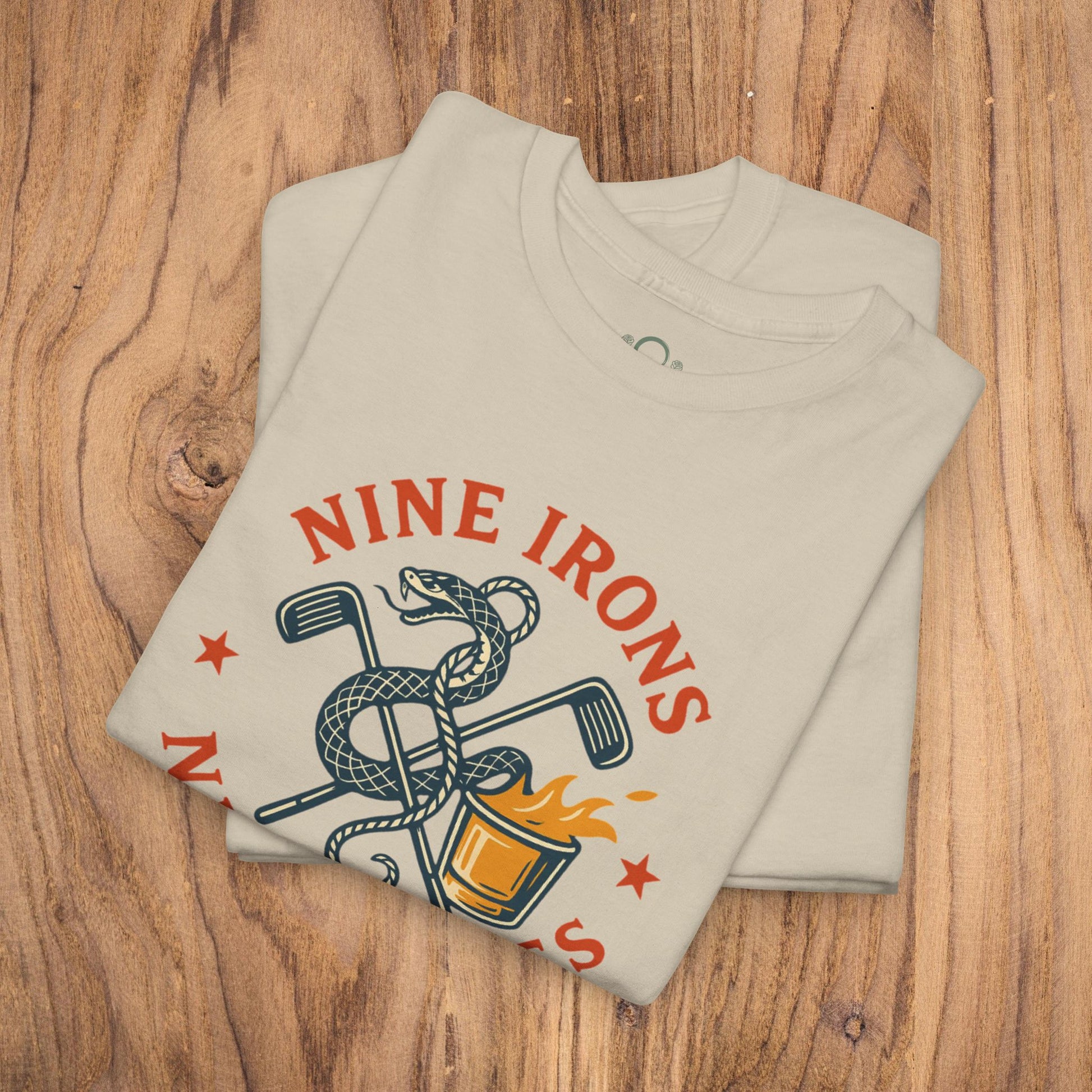 Golf-Themed 100% Cotton T-Shirt in beige, featuring a fun design with 'NINE IRONS' and golf-related graphics, perfect casual wear for golf lovers and a great gift for dads.