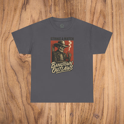 Bangtown Outlaws Retro Casual Party Shirt in charcoal gray color featuring a vintage skeleton character holding a cigarette and the tagline 'Strike a Match'. Perfect unisex cotton tee for stylish gifting and fun events.