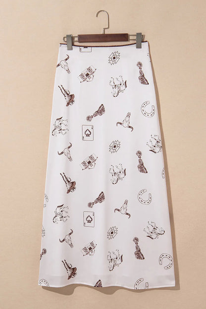 Trendsi Western Print Satin Long Skirt displayed flat, highlighting its unique western prints and elegant flow.