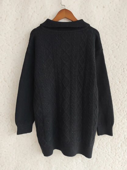Back view of the Cozy Cable-Knit Texture Zip Collar Long Sleeve Sweater in black, showcasing the intricate cable-knit design.