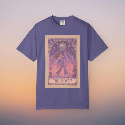 Groove Tarot Graphic Tee in purple, featuring a whimsical design of a figure holding a disco ball, perfect for tarot enthusiasts and stylish casual wear.