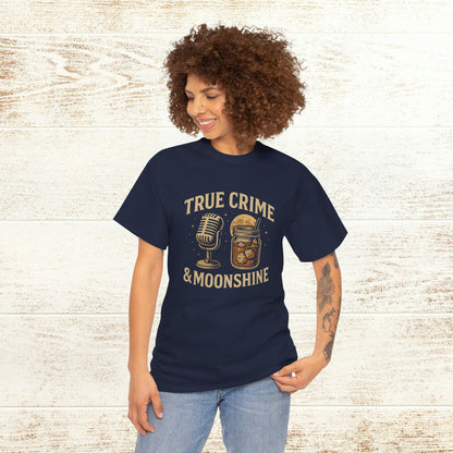 Model showcasing the navy True Crime & Moonshine Unisex Graphic Tee, featuring a unique graphic design, perfect for casual outings and true crime events.