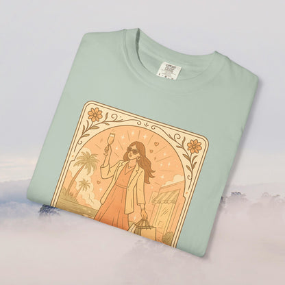 Brunch Babe Tarot Graphic Tee in mint green color, displaying a stylish graphic of a chic woman with a drink, crafted from 100% cotton, suitable for casual style in sizes S through 4XL.