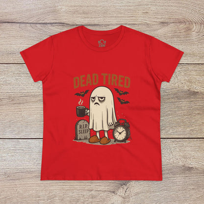 Cute Whimsical Ghost T-Shirt for Halloween in bright red, showcasing a tired ghost illustration with 'DEAD TIRED' text and grave details, ideal for cozy celebrations.