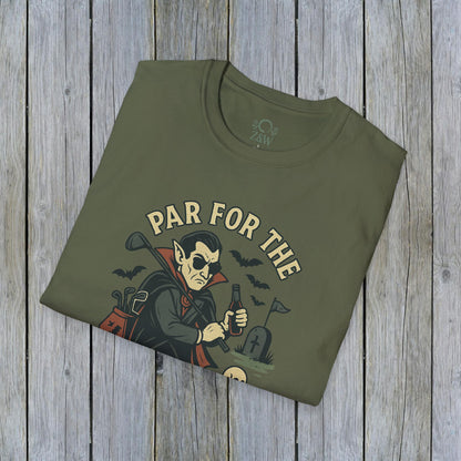 Funny Halloween Unisex T-Shirt featuring 'Par For The Curse' graphic design, perfect for spooky fall fashion.