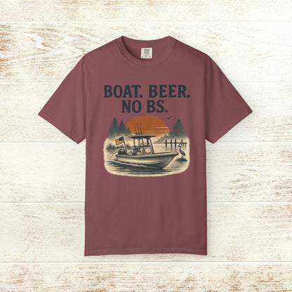 Boat Beer No BS Tee in maroon color showcasing a boat graphic with a sunset. Ideal for enjoying drinks by the water.