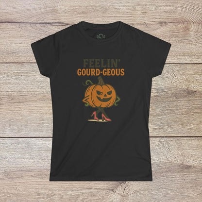 Gourd-geous Halloween Pumpkin T-Shirt in black, showcasing a fashionable pumpkin illustration with elegant heels. Great for Halloween celebrations.