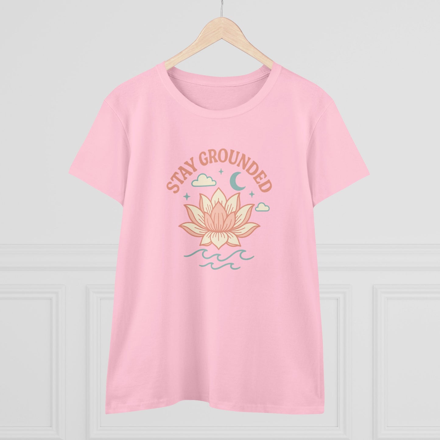 Stay Grounded Spiritual Tee - Comfortable Crop Top in light pink, featuring a lotus flower design, perfect for festivals and casual outings.