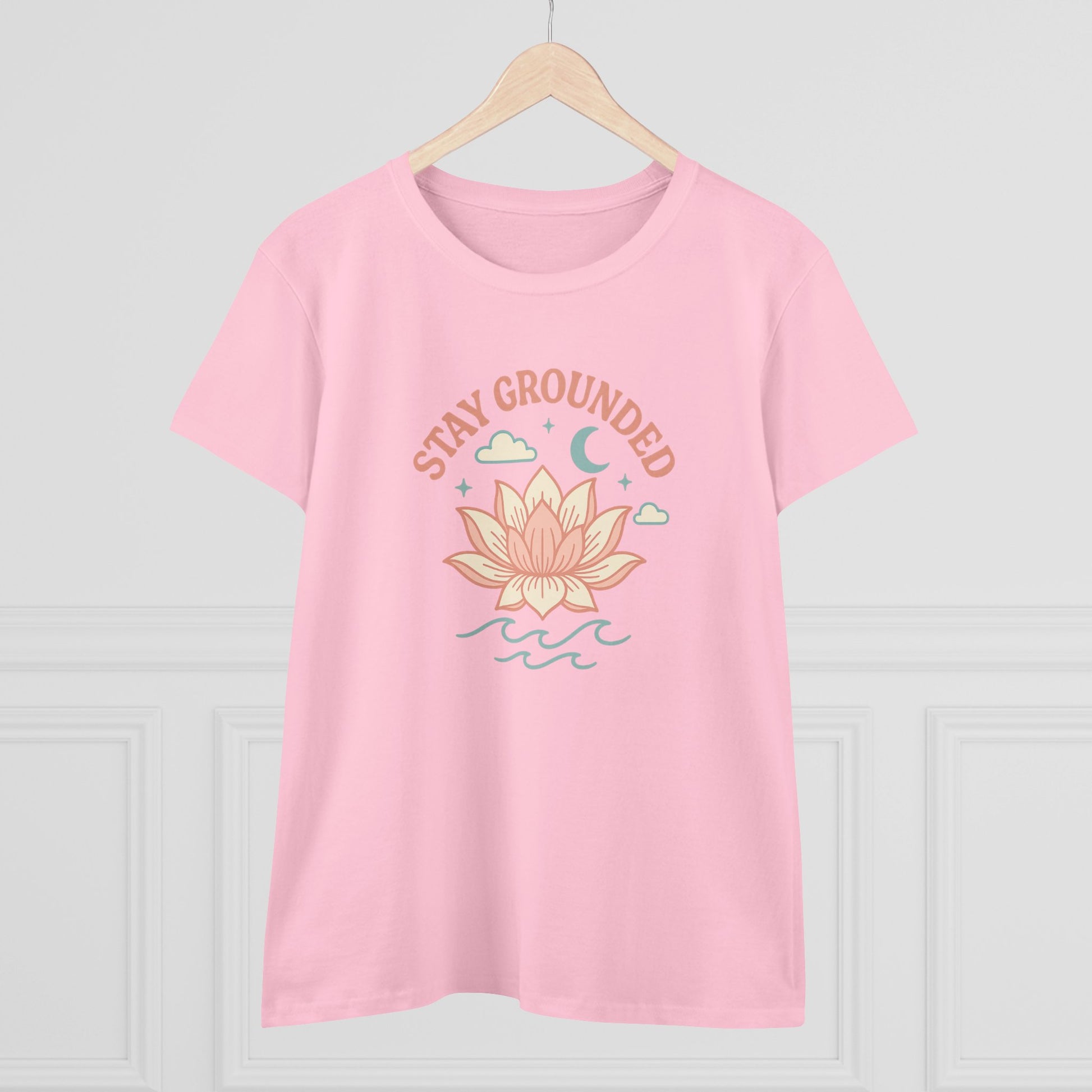 Stay Grounded Spiritual Tee - Comfortable Crop Top in light pink, featuring a lotus flower design, perfect for festivals and casual outings.