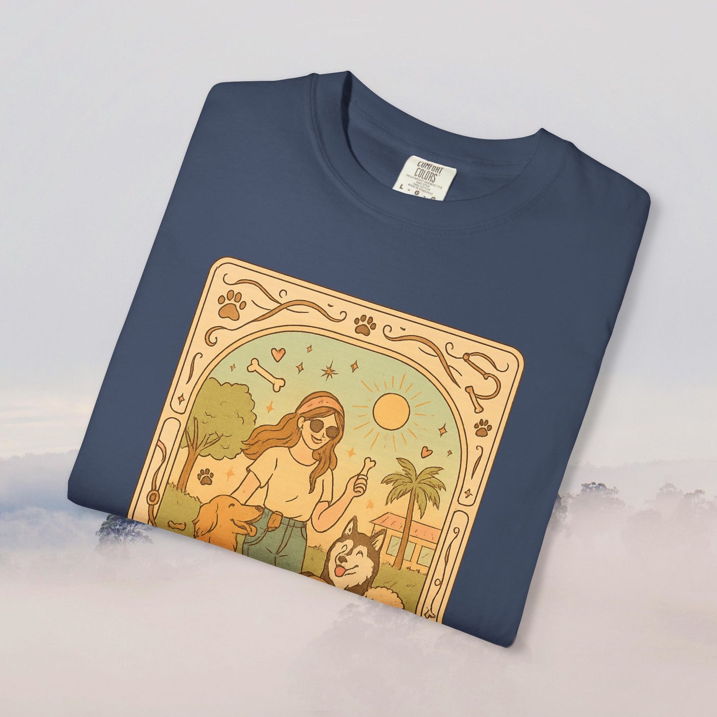 Animal Lover Tarot Tee in navy blue featuring a fun design with a woman and her pets under a sun, made of 100% soft cotton, available in sizes S to 4XL.