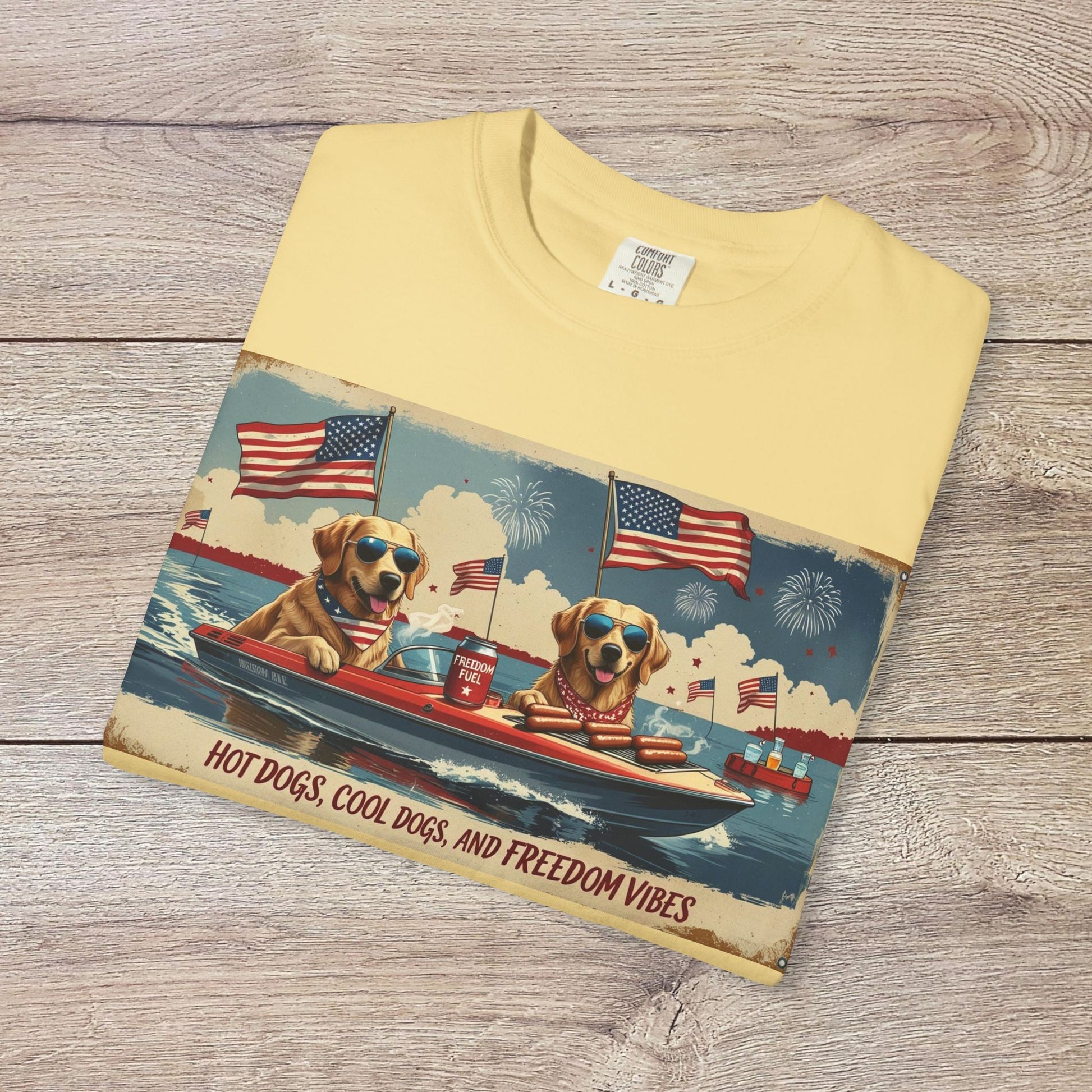 Men's Golden Tee in yellow featuring a charming graphic of dogs in sunglasses on a boat with American flags, ideal for warm weather. Comfortable Cotton T-Shirt with Ribbed Collar, Sizes S-5XL.