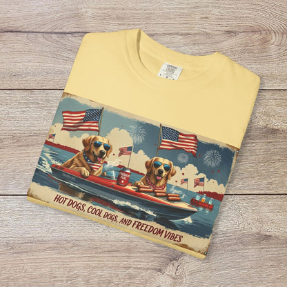 Men's Golden Tee in yellow featuring a charming graphic of dogs in sunglasses on a boat with American flags, ideal for warm weather. Comfortable Cotton T-Shirt with Ribbed Collar, Sizes S-5XL.