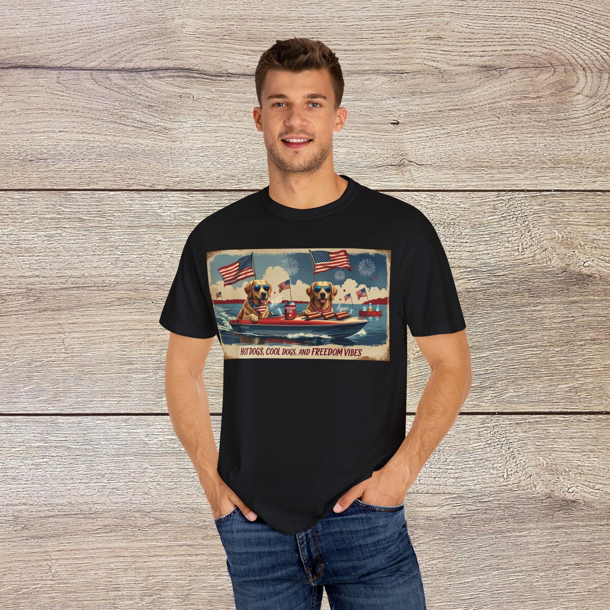 Men's Golden Tee: Comfortable Cotton T-Shirt with Ribbed Collar worn by a model, showcasing a vibrant print of dogs on a boat with an American patriotic theme.