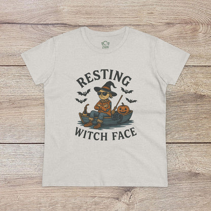 Resting Witch Face Halloween T-Shirt for Women, displaying a cute witch illustration on a heather gray shirt, an excellent choice for Halloween parties and festive gifts.