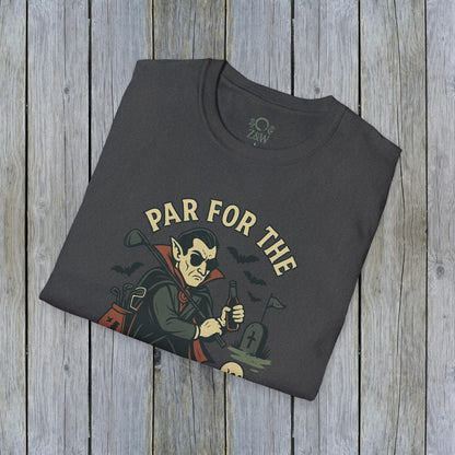 Charcoal version of Funny Halloween Unisex T-Shirt with 'Par For The Curse' graphic, ideal for Halloween celebrations.