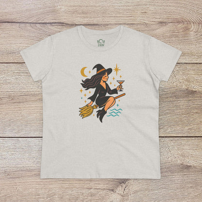 Witchy Night Out Tee in light gray showcasing a whimsical witch on a broom, designed with celestial elements, crafted from soft, sustainable ring-spun cotton for comfort.