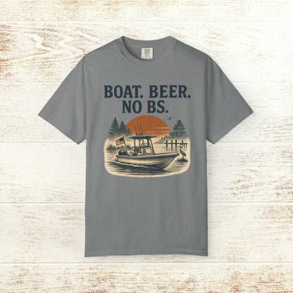 Boat Beer No BS Tee in charcoal gray, displaying a scenic boat design against a sunset background with the words 'BOAT. BEER. NO BS.', perfect for casual gatherings.