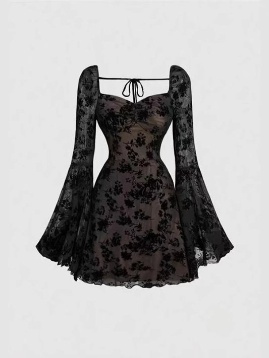 Stylish Women's Lace Flare Sleeve Mini Dress with Tied Detail, featuring a beautiful floral lace design, perfect for elegant occasions.