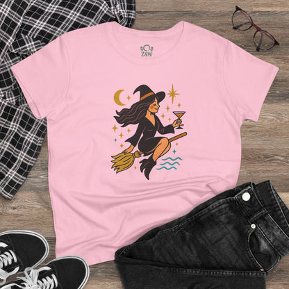 Witchy Night Out Tee featuring a stylish witch character with a broom and cocktail in vibrant design, crafted from 100% cotton for comfort and durability.