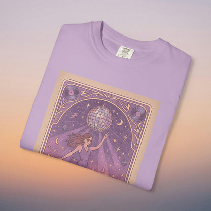 Groove Tarot Graphic Tee displayed in light purple, showcasing an artistic illustration of a woman with a disco ball, perfect for fashion-forward individuals.