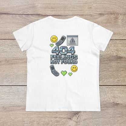 404 Y2K Graphic T-Shirt featuring a playful back design with text '404 Feelings Not Found' and icons representing retro technology. Perfect for adding a nostalgic touch to your wardrobe.