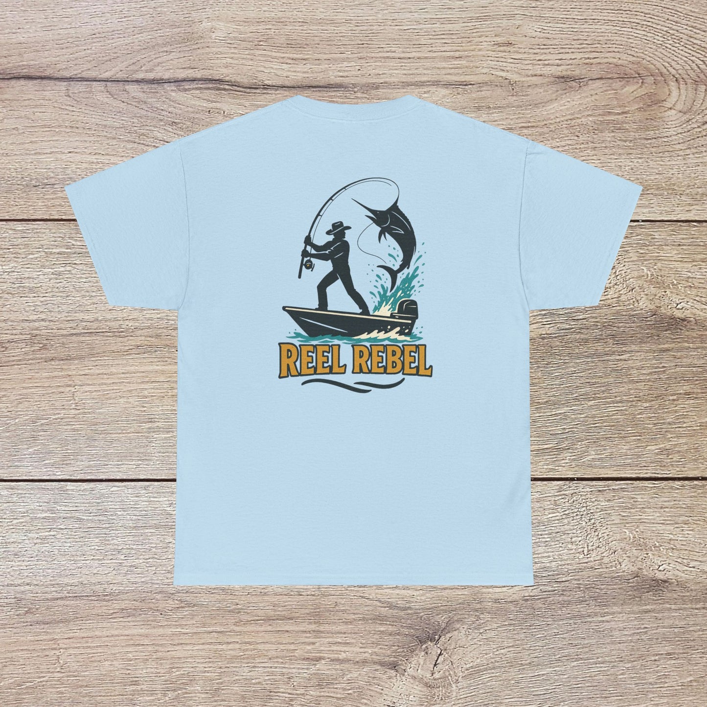 Fishing Adventure Tee in baby blue with a detailed fishing scene on the back, ideal for nature lovers and fishing enthusiasts, perfect for casual wear.