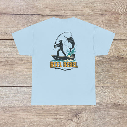 Fishing Adventure Tee in baby blue with a detailed fishing scene on the back, ideal for nature lovers and fishing enthusiasts, perfect for casual wear.