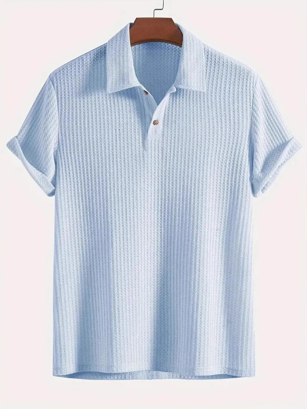 Men's Short Sleeve Polo Shirt with Waffle-Knit Texture in Light Blue, Collared Neck, 100% Polyester, Perfect for Casual Wear.