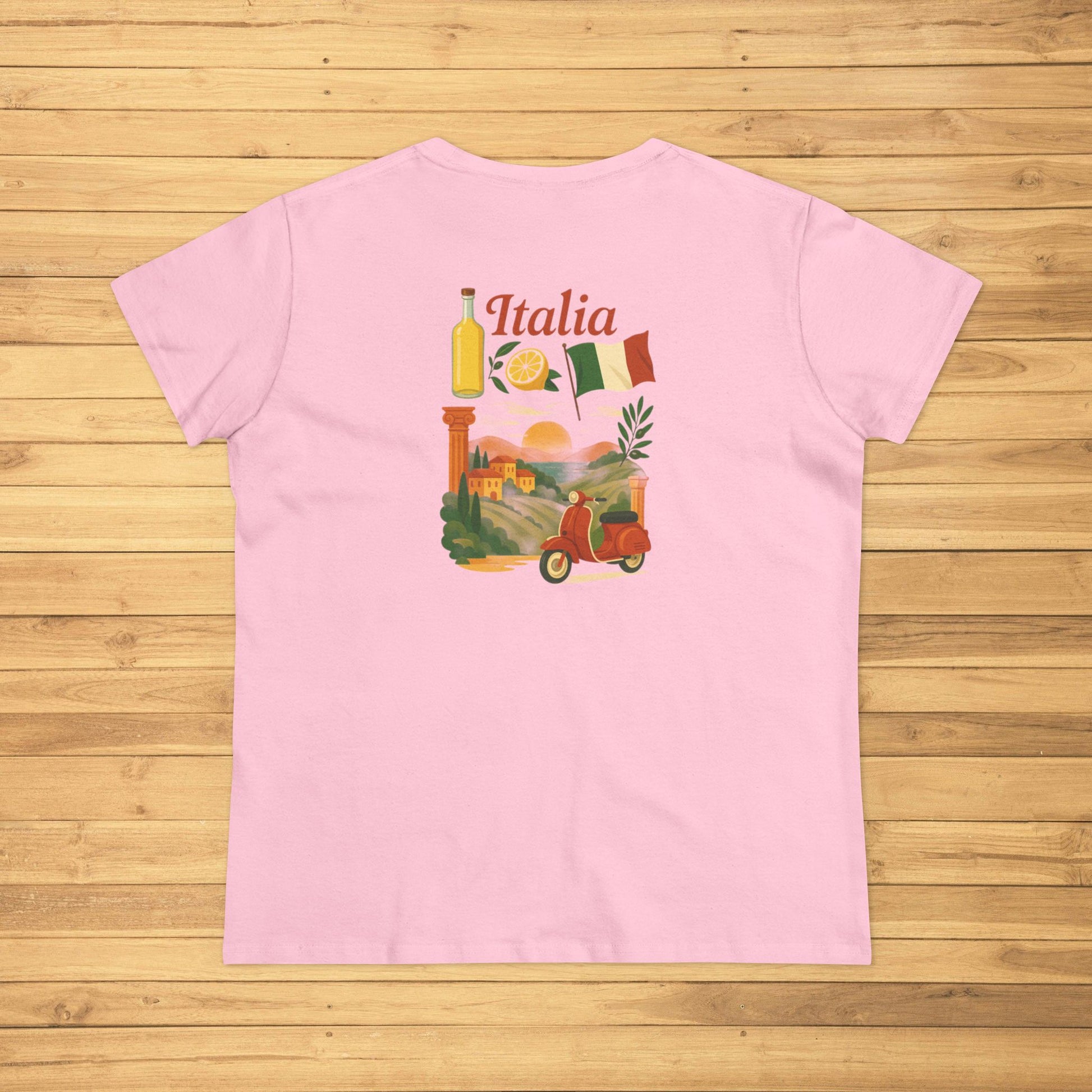 Back view of Unisex Ultra Cotton Tee with Italian Heritage Design in pink, featuring vibrant Italian elements including a vespa, olive branches, and the Italian flag, ideal for casual outings.