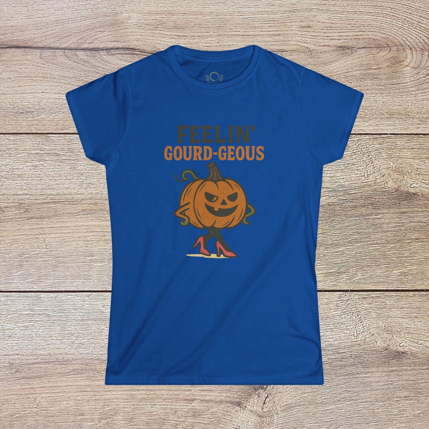 Gourd-geous Halloween Pumpkin T-Shirt in blue, featuring a stylish pumpkin with high heels, perfect fall fashion for a spooky vibe.