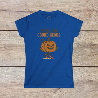 Gourd-geous Halloween Pumpkin T-Shirt in blue, featuring a stylish pumpkin with high heels, perfect fall fashion for a spooky vibe.