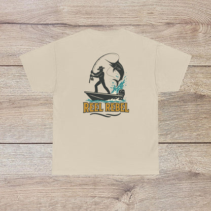 Fishing Adventure Tee in beige color showcasing 'REEL REBEL' graphic. Ideal unisex heavy cotton shirt gift for outdoor lovers and fishing trips.