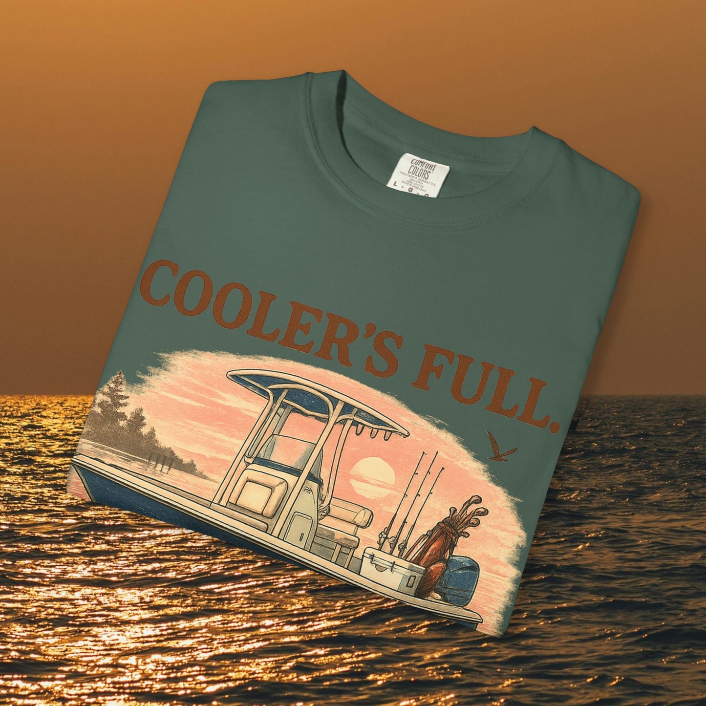 Men's & Women's Durable Cotton Full Tee featuring a graphic design with a fishing boat and the text 'COOLER'S FULL.' Perfect for outdoor enthusiasts.