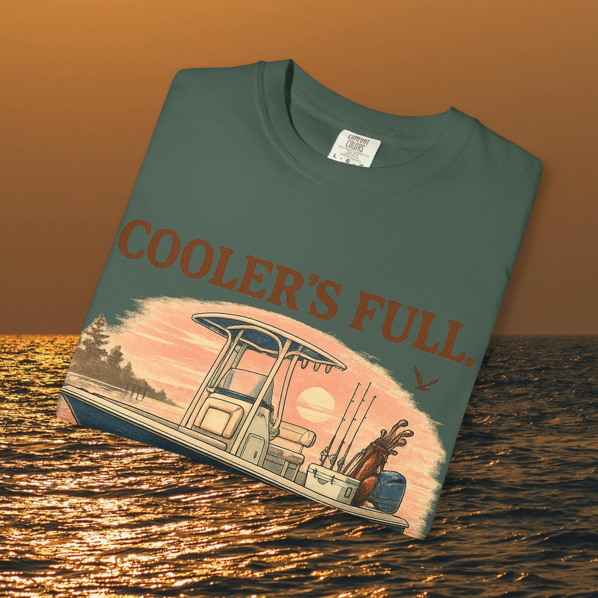 Men's & Women's Durable Cotton Full Tee featuring a graphic design with a fishing boat and the text 'COOLER'S FULL.' Perfect for outdoor enthusiasts.