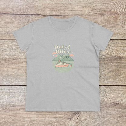 Out Of Office Cruise Tee in grey, showcasing a scenic boat design among mountains. Ideal for summer outings, made from a soft cotton blend.