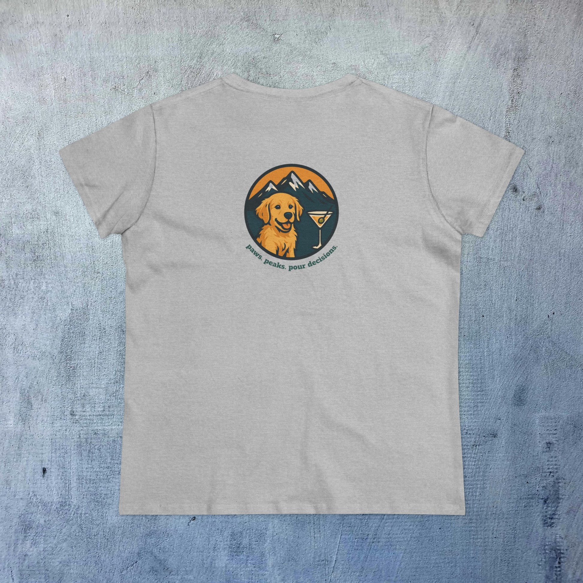 Unisex Dog Lover T-Shirt in grey, featuring a colorful golden retriever design with mountains and a martini glass, perfect for comfort and dog enthusiasts.