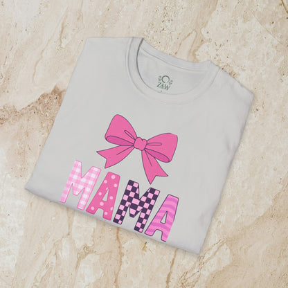 Mama Bow Tee in a soft gray color, featuring an eye-catching pink bow design and the letters 'MAMA', constructed from seamless 100% cotton for ultimate comfort.