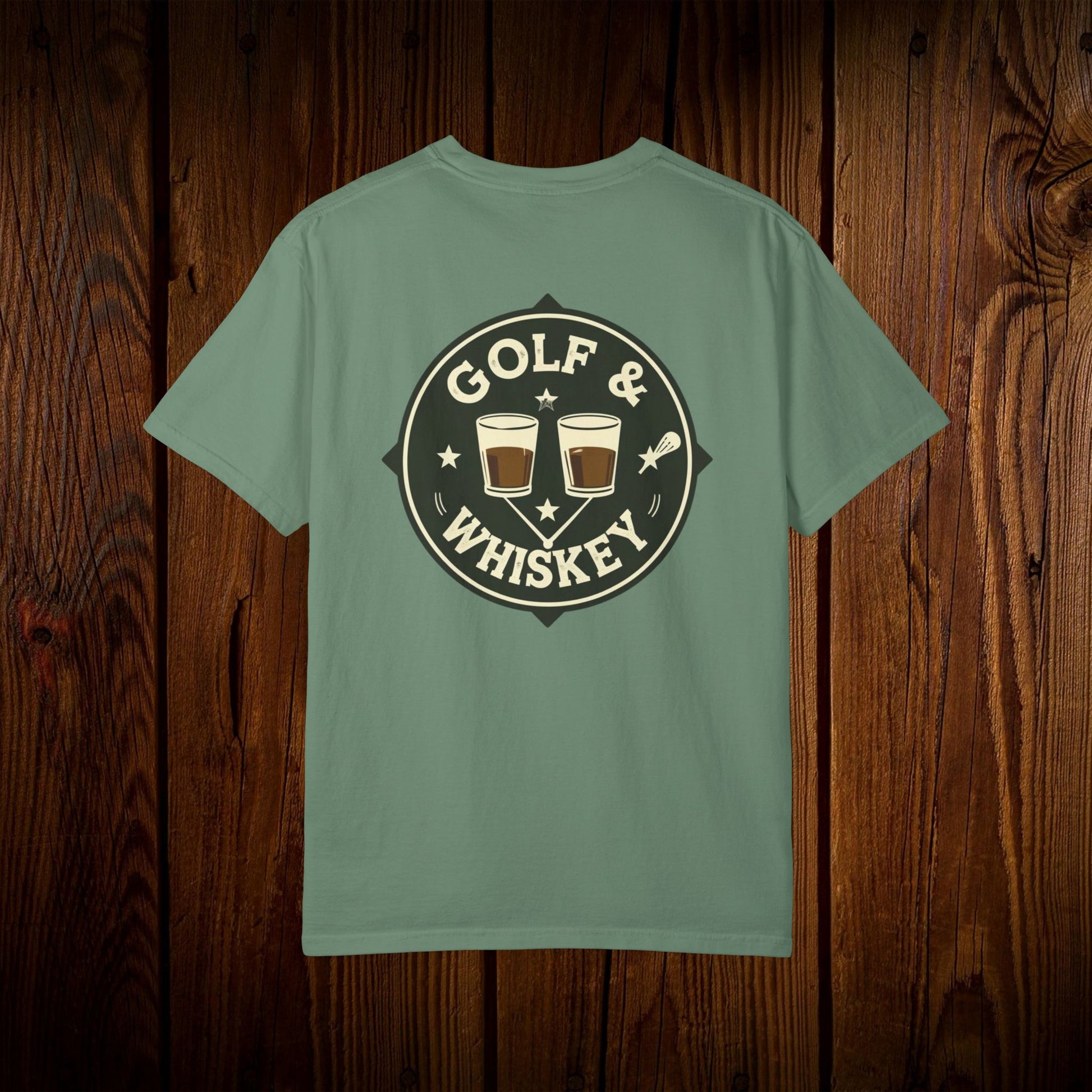 Men's Golf & Whiskey Tee in unique 'Natural' color featuring a bold graphic of golf and whiskey on the back. Comfortable and eco-friendly design, ideal for casual outings.