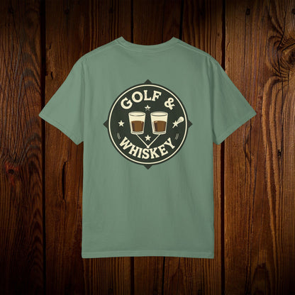 Men's Golf & Whiskey Tee in unique 'Natural' color featuring a bold graphic of golf and whiskey on the back. Comfortable and eco-friendly design, ideal for casual outings.