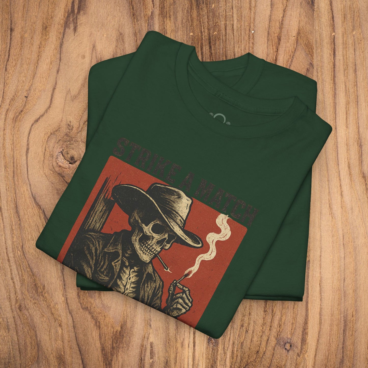 Bangtown Outlaws Retro Casual Party Shirt in dark green, featuring an eye-catching skull design and the text 'STRIKE A MATCH', perfect for casual outings and stylish gifting.