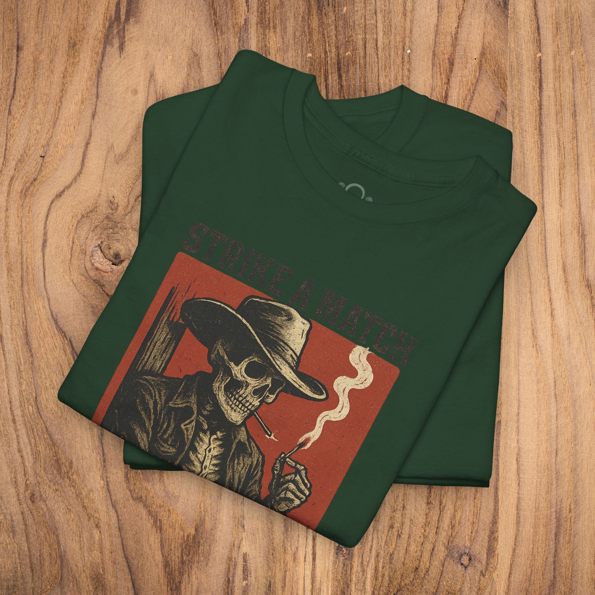 Bangtown Outlaws Retro Casual Party Shirt in dark green, featuring an eye-catching skull design and the text 'STRIKE A MATCH', perfect for casual outings and stylish gifting.