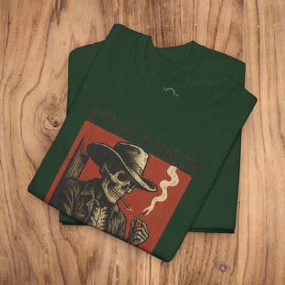 Bangtown Outlaws Retro Casual Party Shirt in dark green, featuring an eye-catching skull design and the text 'STRIKE A MATCH', perfect for casual outings and stylish gifting.