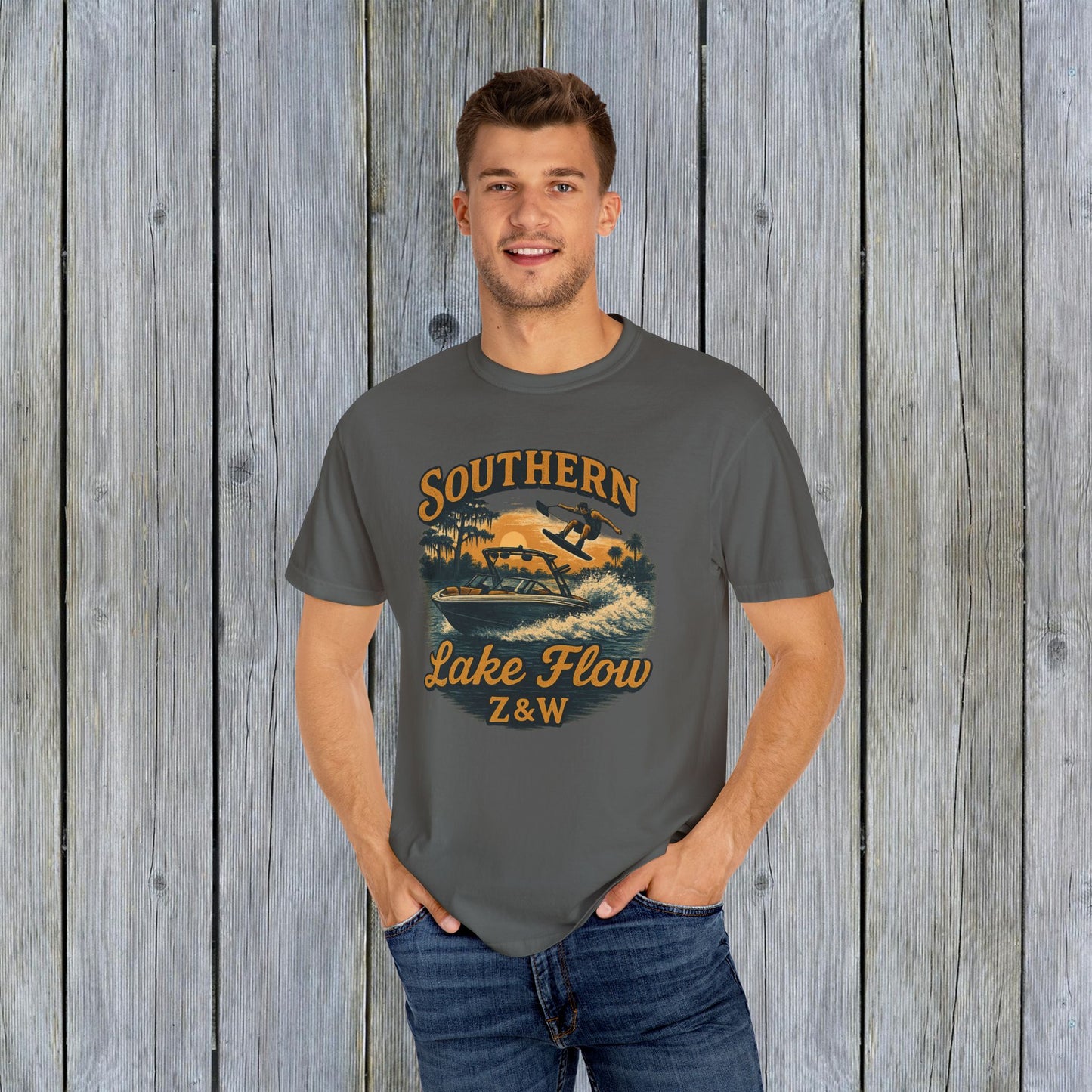 Southern Lake Flow T-Shirt modeled by a man, showcasing an eco-friendly design made from 100% US cotton, perfect for stylish casual wear.