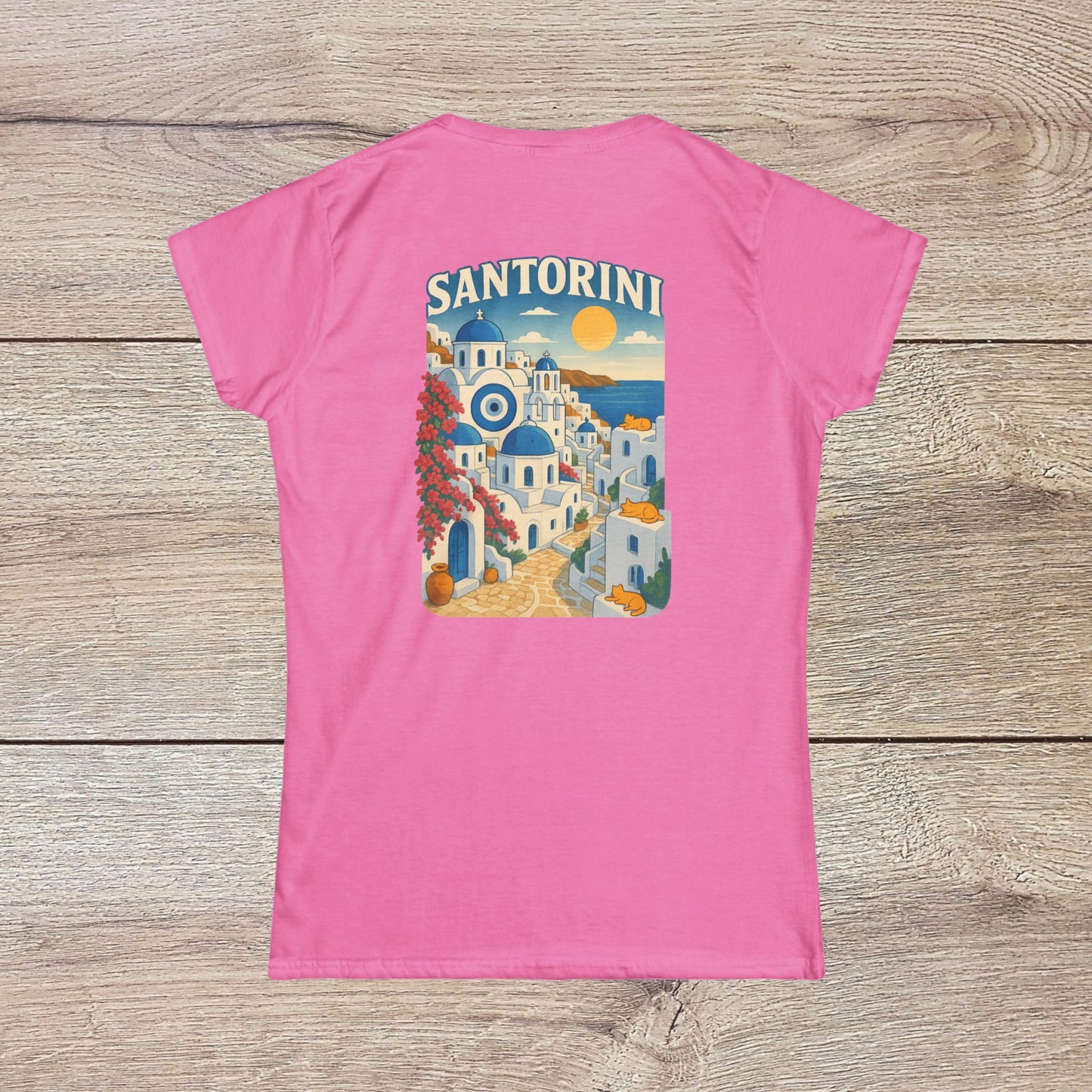 Santorini Tee in pink, displaying a beautiful illustration of Santorini's landscape on the back, crafted from 100% ring-spun cotton.