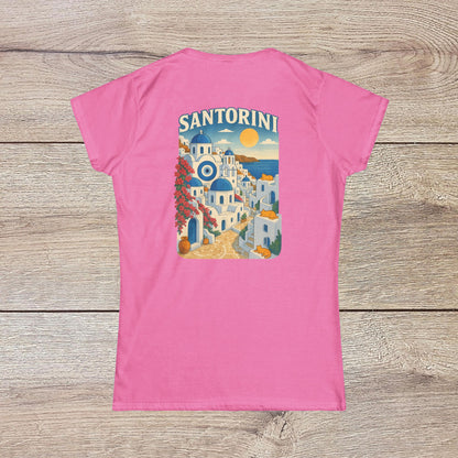Santorini Tee in pink, displaying a beautiful illustration of Santorini's landscape on the back, crafted from 100% ring-spun cotton.