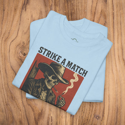 Bangtown Outlaws Retro Casual Party Shirt in light blue, highlighting a captivating skull design alongside the words 'STRIKE A MATCH', perfect for trendy gatherings and stylish gifting.