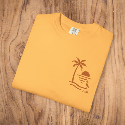 Front view of the Unisex Sunset Palm Tree T-Shirt in vibrant gold, featuring a stylish palm tree and sunset graphic, perfect for summer outings.