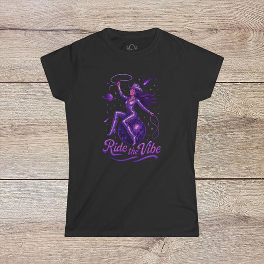 Vibrant Ride The Vibe Tee featuring a stylish graphic of a woman on a globe, available in soft 100% ring-spun cotton, sizes S-4XL, showcasing a durable design perfect for expressing unique style.