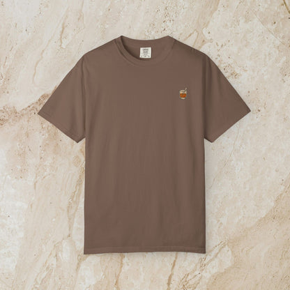 Golden Whiskey Dog Tee in brown color, featuring a unique vintage style, made from 100% cotton with a relaxed fit and left chest pocket.